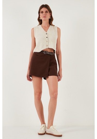 Lela Pamuk Karışımlı Relaxed Fit Yüksek Bel Mini Boy Bayan Şort Etek 611Sr0037 Kahve