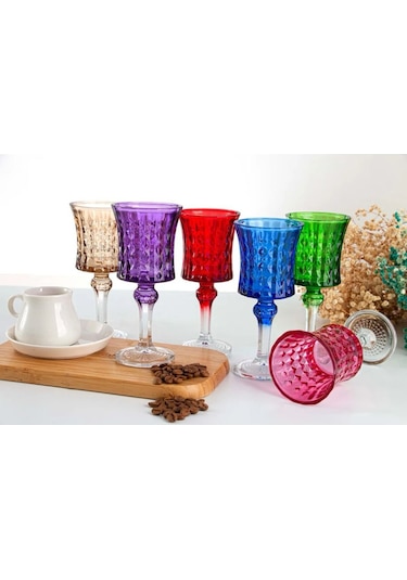 Plt Design El İşi 6'lı Rengarenk Su-Kahve Yanı Bardağı Kristal Ayaklı Su Bardağı
