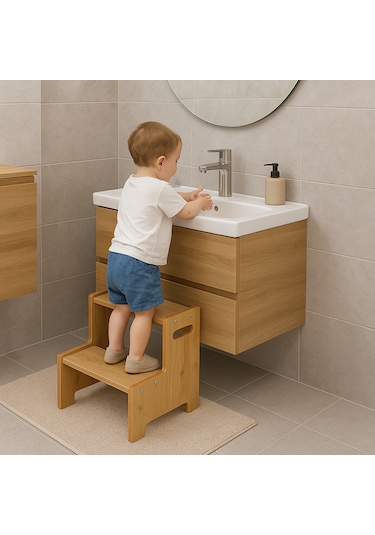 Momo Ahşap Basamak Tabure Çocuk Banyo Wc Lavabo Merdiven Yükseltici Eğitici Kaymaz Montessori Safir Meşe