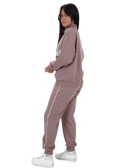 Kız Çocuk California Yazılı Yarım Fermuar Model Pudra Renk Oversize Eşofman Takımı Pudra