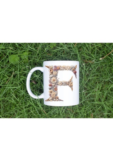 F Harfi Çiçek Desenli Kupa Bardak - Alfabe Harfleri İle Doğal Çiçekli Kupa - Hediye Fikir Beyaz