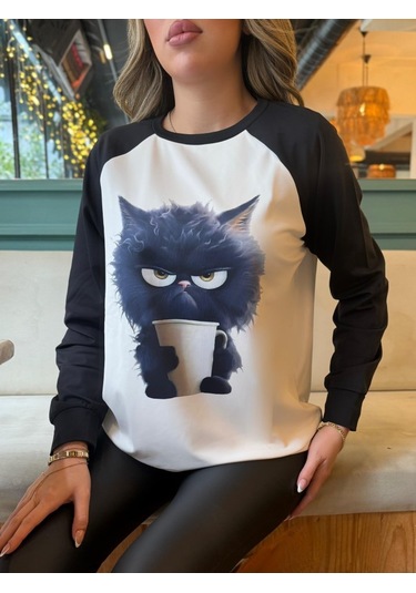Reka Moda Kadın Uzun Kollu Bisiklet Yaka Kedi Baskılı Şardonlu Dalgıç Bluz Beyaz