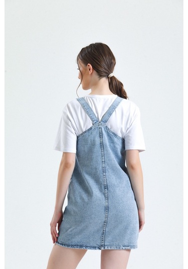 Shevega Kadın Mavi Kanguru Cep Bahçevan Kot Elbise Mavi