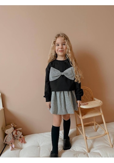 Kız Çocuk Fiyonk Modelli Simli Etekli Takım Siyah