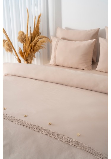 Grace Vizon Güpürlü Çift Kişilik %100 Pamuklu Nevresim Seti - 6 Parça Çeyiz Seti Vizon