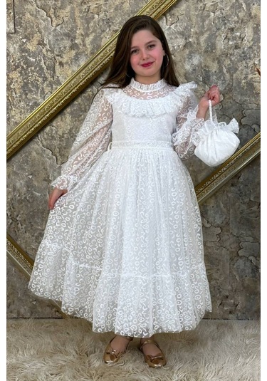 Kız Çocuk Nisa Model Tam Boy Çantalı Abiye Elbise 10 - 13 Yaş