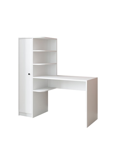 Roma Raflı Çalışma Masası , Çalışma Ofis Masası Sol Dolaplı Beyaz Mat Beyaz