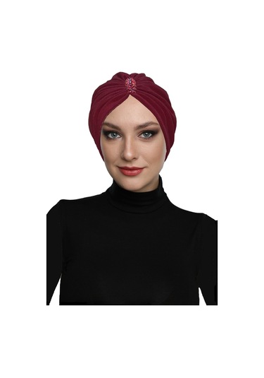 Dizayn Tüllü Kristal Taş İşlemeli Çift Taraflı Astarlı Bordo Hazır Türban Tesettür Abiye Bone Bordo