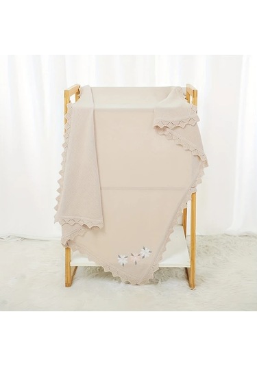 Maxaccess 1 Adet Bebek Dalga Dantel İşlemeli Çiçekli Bebek Örgü Battaniyesi Beyaz Beyaz