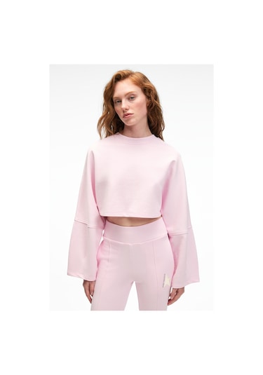 ANOUK Kadın Pamuklu Baskı Ve Patch Detaylı Bisiklet Yaka Crop Pembe Sweatshirt