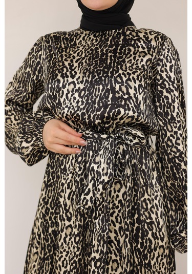 Armine Trend Leopar Desenli Beli Kemerli Elbise Siyah 24kt904 Siyah