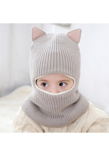 Hqgoodstore Sonbahar Ve Kış Yeni Moda Basit Saf Renk Çocuklar Sevimli Küçük Tilki Kulakları Artı Kadife Kalın Sıcak Örgü Yapışık Şapka Gri Gri Küçük Tilki Kulakları