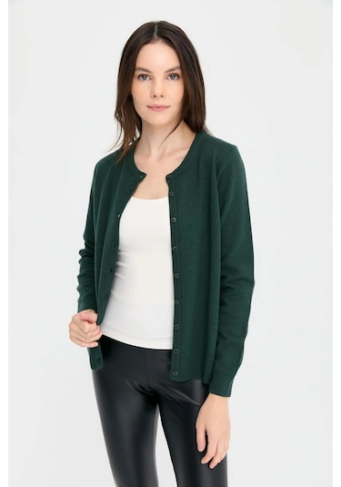 Desen Triko Kadın Sıfır Yaka Triko Yün Hırka 21031 Yeşil Yeşil