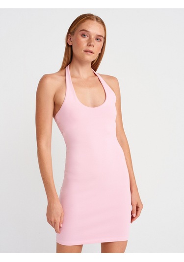 Dilvin 91508 Halter Yaka Mini Elbise-toz Pembe Toz Pembe
