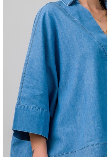 Kadın Gömlek Yakalı Yaka İndigo Mavi Kol Ucu Manşetli İnce Kot Kumaş Bluz Açık Mavi