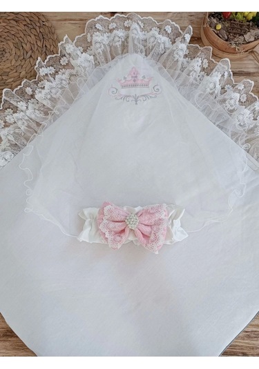 Yenidoğan Teri Cotton Taç Nakışlı Prizma Taş Kundak Bebek Battaniyesi Pembe Pembe