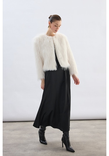Sateen Bisiklet Yaka Suni Kürk - Ekru-136717 Ekru