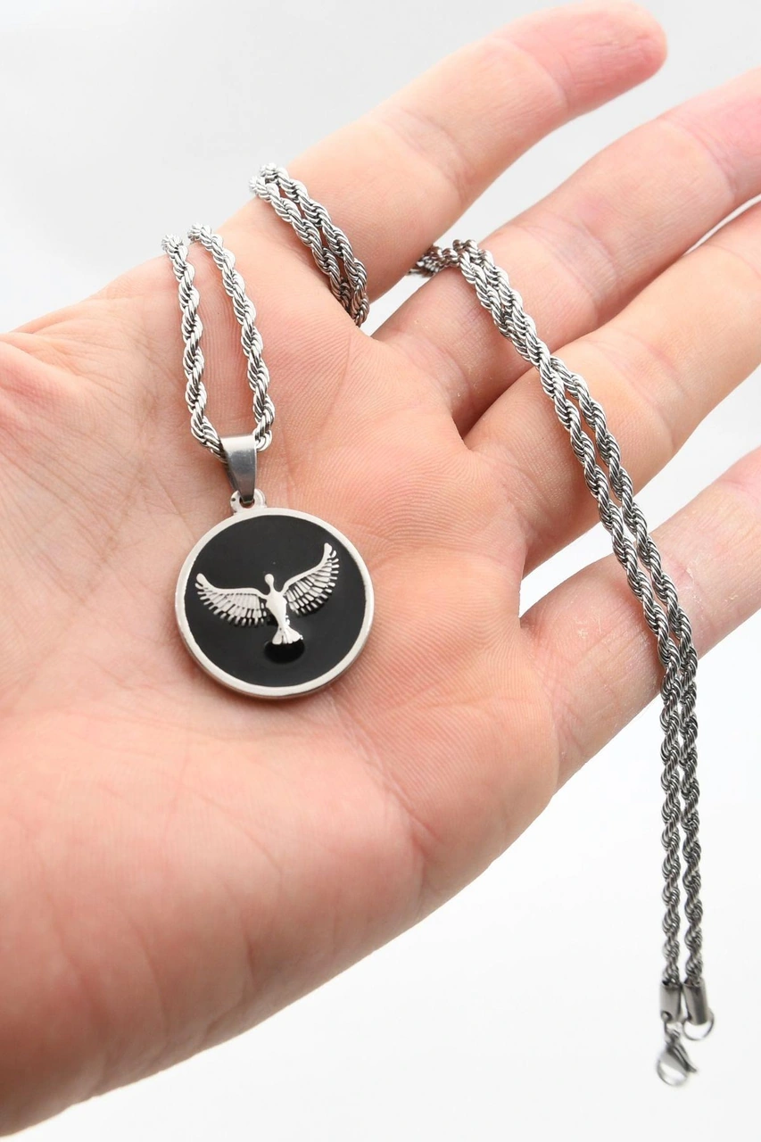 Anka Kuşu - Kartal Figürlü Kolye Paslanmaz Çelik Zincir 3mm 902301 Gümüş
