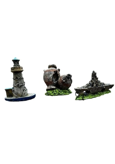 Mini Akvaryum Dekor Seti 3 Lü Set -savaş Gemisi Anfora Deniz Fene
