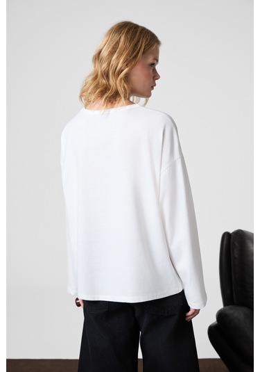 Grımelange Dazulu Kadın Yumuşak Kumaşlı Baskılı Uzun Kollu Beyaz T-shirt Beyaz