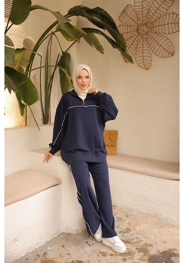 Tesettür Eşofman Takımı Ikili Takım Fermuarlı Yaka M-483 Lacivert