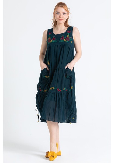 Kolsuz Vual Ahsen Nakışlı Midi Boy Elbise Petrol Ptrl-petrol