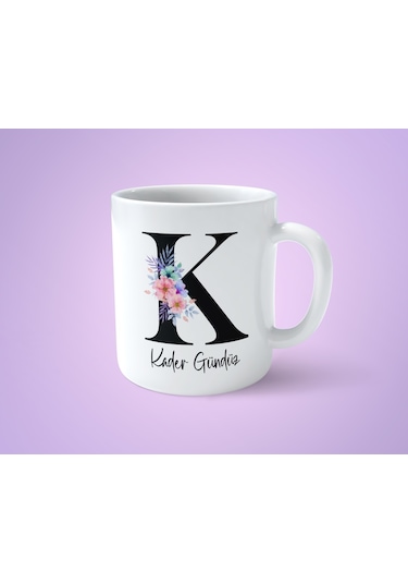 Çiçekli K Harfli İsimli Baskılı Kupa Bardak