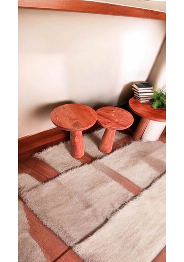 Ahşap Yan Sehpa Seti Doğal Masif 2 Li Maun Renk Zigon Fiskos