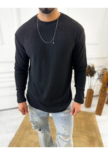 Uzun Kollu Tişört Fitilli Bisiklet Yaka Yumuşak Dokulu Tüylenmez Pamuklu Kazak Sweatshirt Siyah