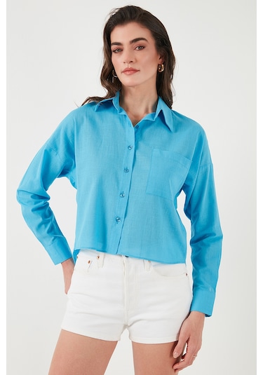 Lela Pamuk Ve Keten Karışımlı Regular Fit Önü Kısa Arkası Uzun Bayan Gömlek 6772867 Mavi