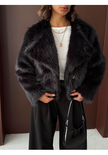 Kadın Vintage Peluş Tüylü Crop Ceket Altın Düğmeli Bisiklet Yaka Kışlık Şık Ceket Siyah
