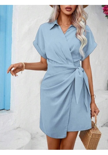 Kadın Kısa Kollu Yakalı Yandan Bağlamalı Dokuma Elbise Mavi