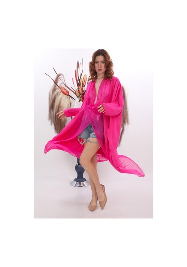 Italyan Ipek Detaylı Oversize Kaftan & Bluz-8711 FUŞYA