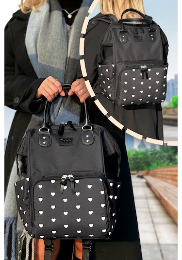 Paris X Pro Kadın Ve Anne Bebek Bakım Sırt Çantası Kalplı Siyah