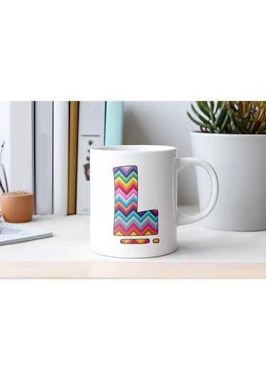 L Harfi Renkli Zigzag Desenli Kupa Bardak - Afrika Tarz Etnik Tasarım Kupa - Kişiye Özel Beyaz