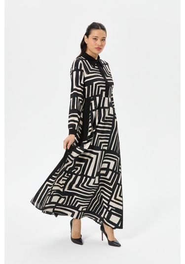 Geometrik Desenli Siyah-bej Vual Elbise Siyah Siyah