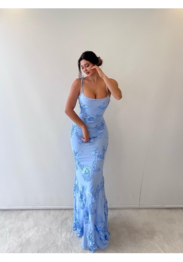 Mavi Ayarlanabilir Askılı Çiçekli Astarlı Maksi Bebek Mavi