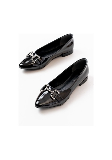 Aska Shoes İnf-133 Taşlı Tokalı Günlük Kadın Babet Siyah Rugan