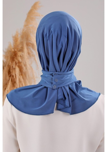 Kadın Tesettür Pratik Çıtçıtlı Sandy Fular Hazır Deniz Havuz Uyumlu Bone İndigo İndigo