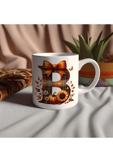 B Harfi Ekose Ve Sonbahar Temalı Kupa Bardak - Kişiye Özel Sıcak Tonlar Alfabe Kupa - Hediye Beyaz
