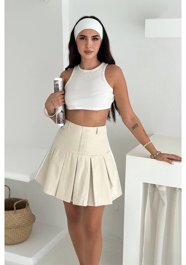 Piliseli Gizli Fermuar Detaylı Etek Krem