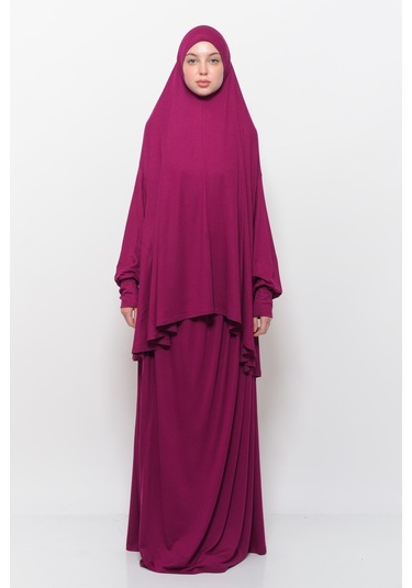 Pratik 2 Parça Pamuklu Yarasa Kollu Başörtülü Tesettür Namaz Elbisesi Koyu Fuşya Antrasit