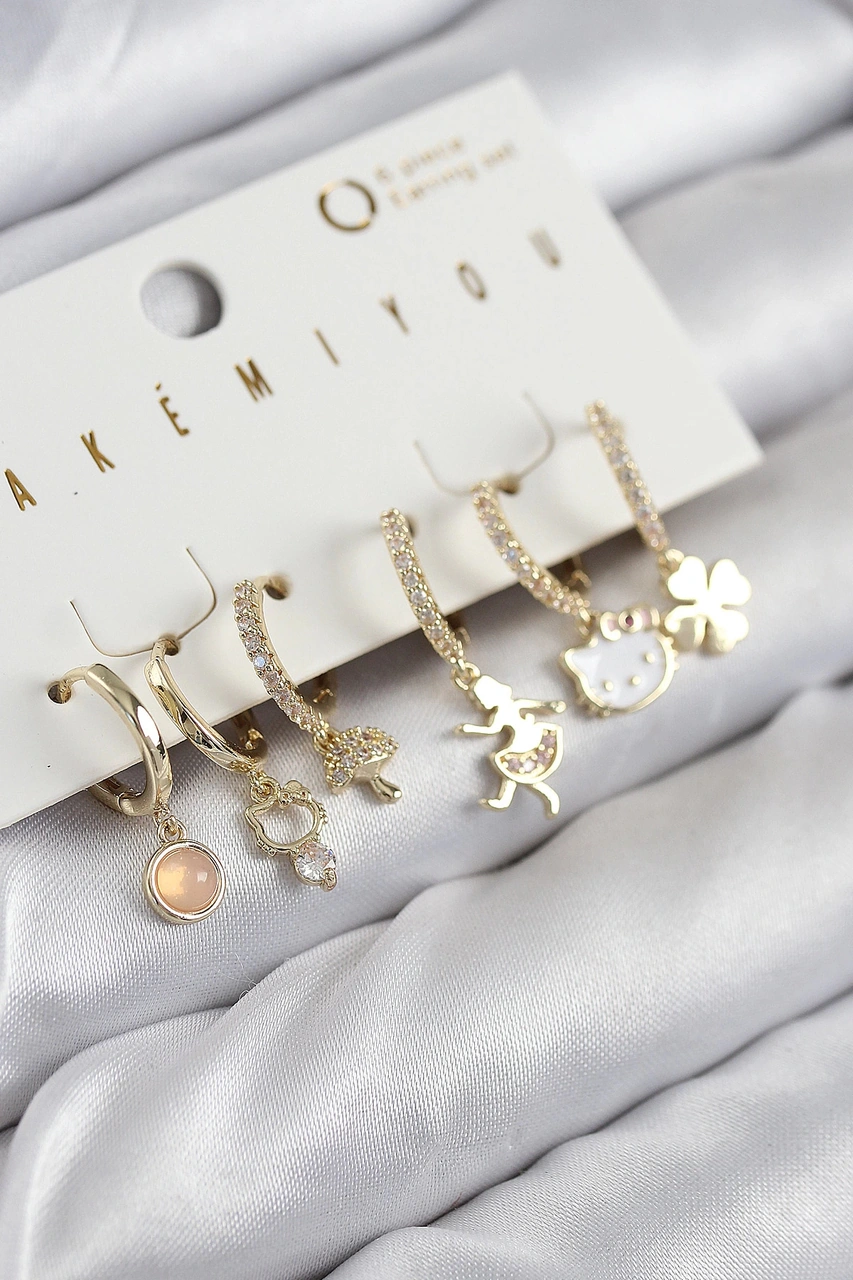 Dodes Dodes Pirinç Zirkon Taşlı Hello Kity Ve Yonca Model Gold Renk 6'lı Küpe Set Tg27bkp11206 Çok Renkli