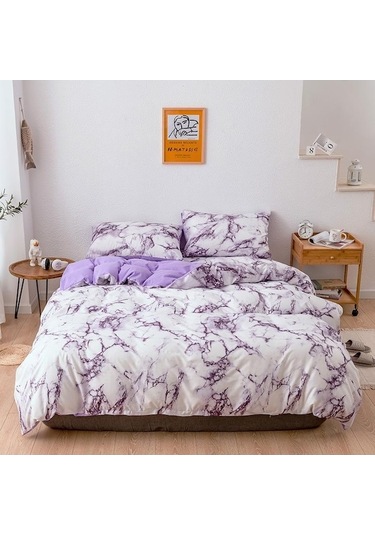 Novahub Mor Nevresim Takımı Mermer Desen Düz Baskı Nevresim Takımı Üçlü Veya Dörtlü Set Au-double 3pcs Mor Mor