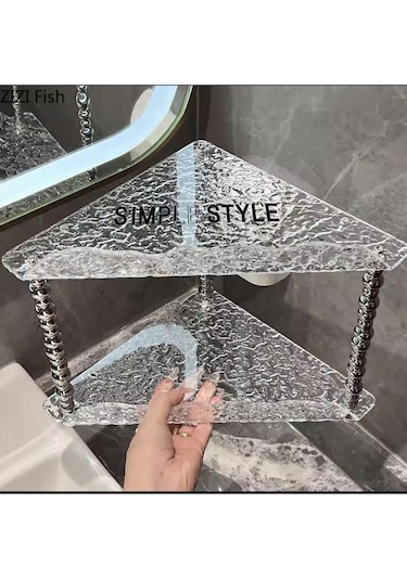 Kırık Cam Desenli Şeffaf 2 Katlı Köşe Rafı Dekoratif Model 23x23 Cm