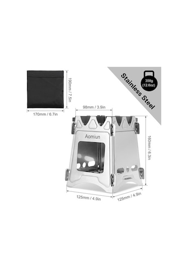 Tongxida Aomiun Ws009s Çelik Kapaklı Küçük Boy Katlanabilir Odun Ocağı, 20x20 Saklama Çantası İçeren Paket Gümüş Gümüş