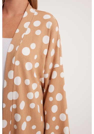 Bigdart Kadın Bej Beyaz Puantiyeli Örme Kimono 5862 001