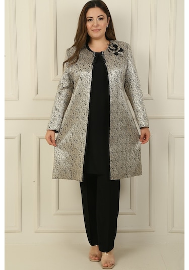 Kolsuz Yanları Yırtmaçlı Bluz Boncuk Detaylı Astarlı Uzun Jakarlı Ceket Pantolon Büyük Beden 3'lü Takım Siyah