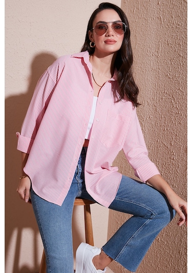 Lela Regular Fit Uzun Kollu Cepli Çizgili Bayan Gömlek 6772895 Şeker Pembe