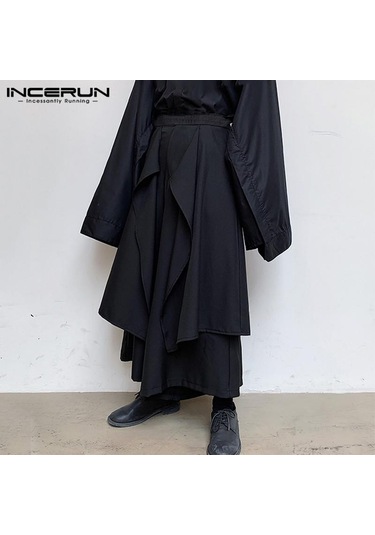 Incerun Düzensiz Hip Hop Erkekler Düz Etek Pantolon Harajuku Sokak Siyah Pileli Önlük Gotik Jogger Pantolon Siyah